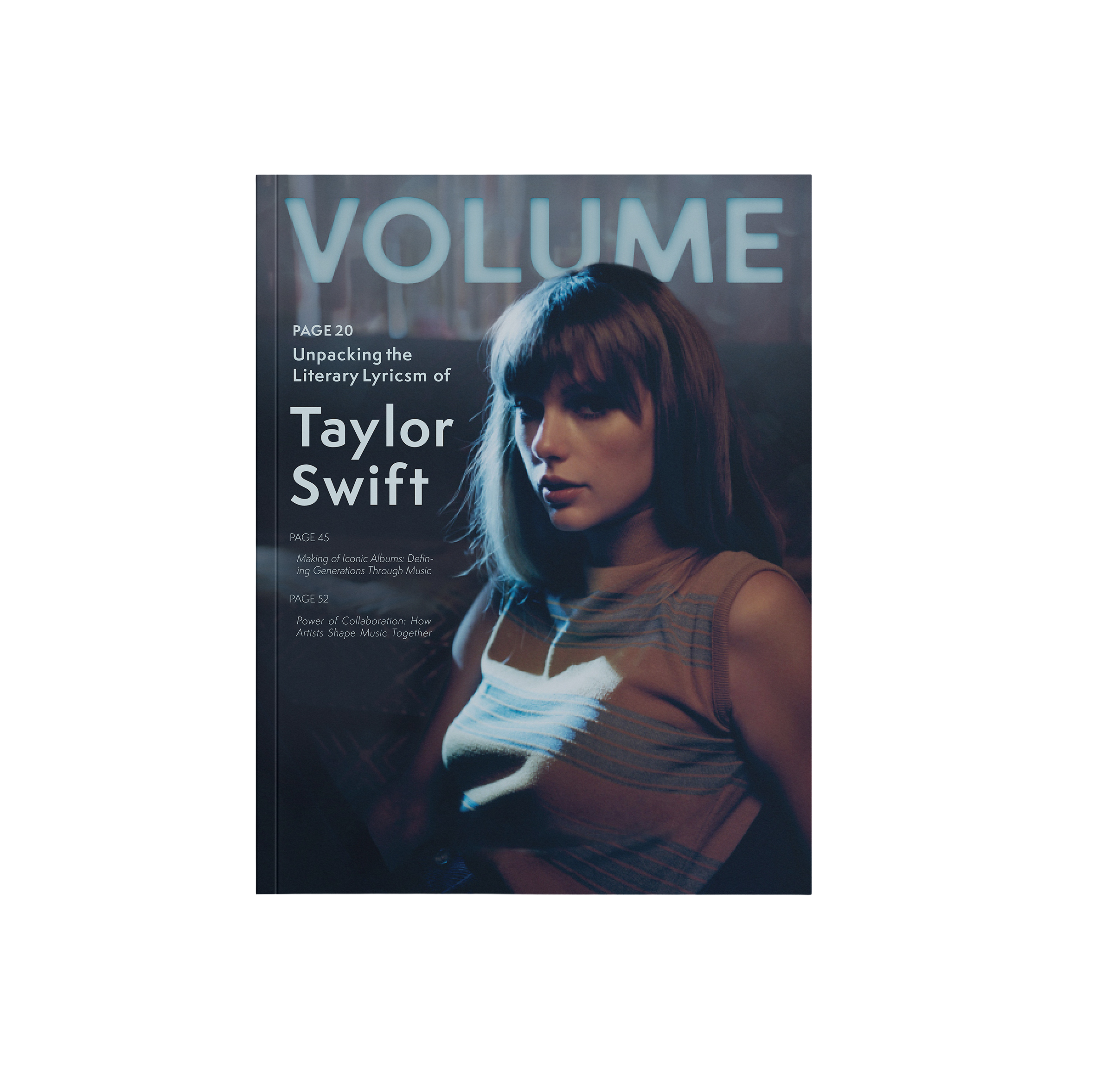 Magazine cover featuring Taylor Swift with the title 'VOLUME'. Highlights include articles about her literary lyrics, iconic albums, and music collaboration.