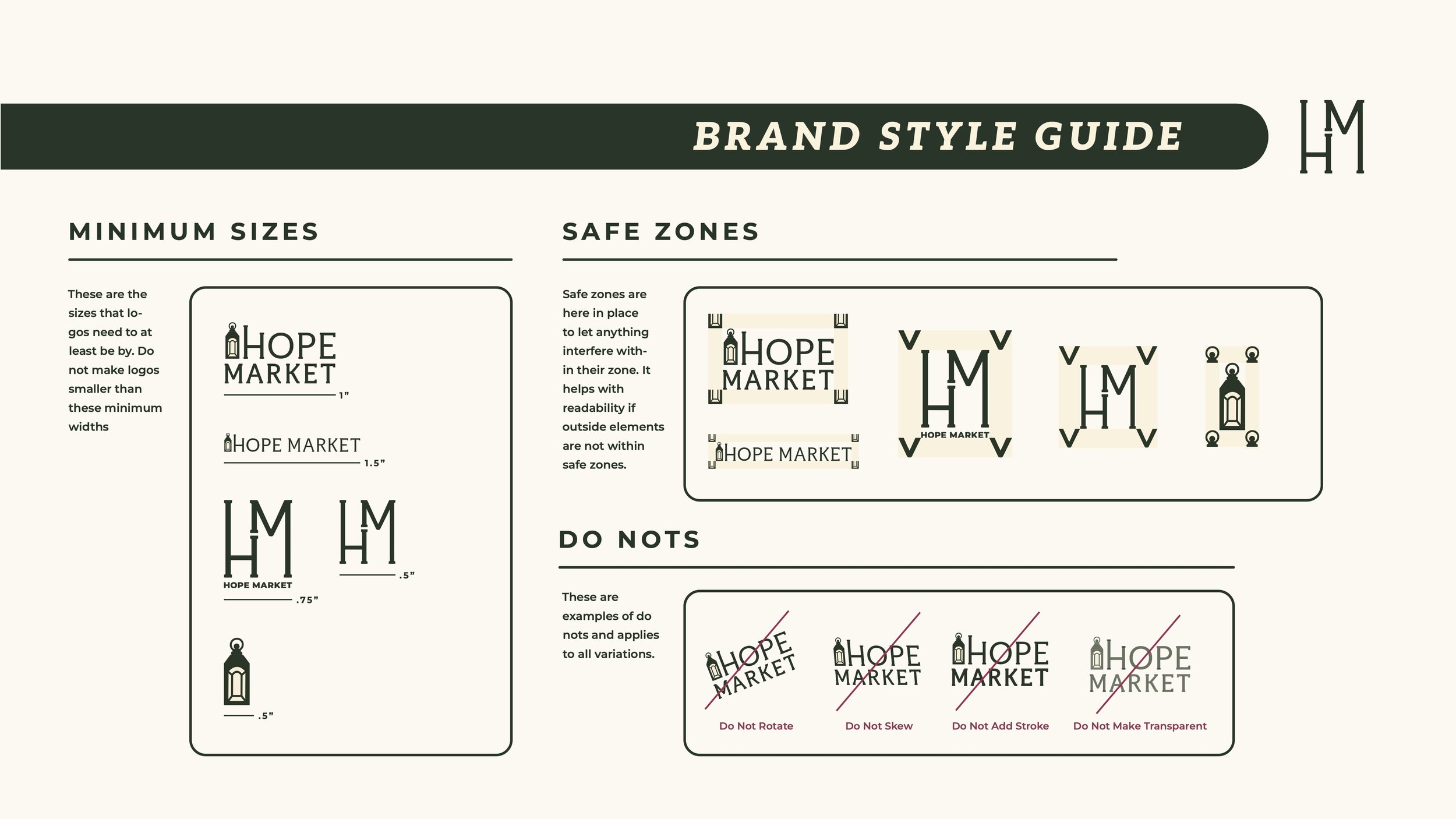 Brand style guide for Hope Market showing minimum logo sizes, safe zones, and do nots for logo design. Includes logo size measurements in inches, safe zone placement examples, and rules against rotating, skewing, adding strokes, or making logos trans