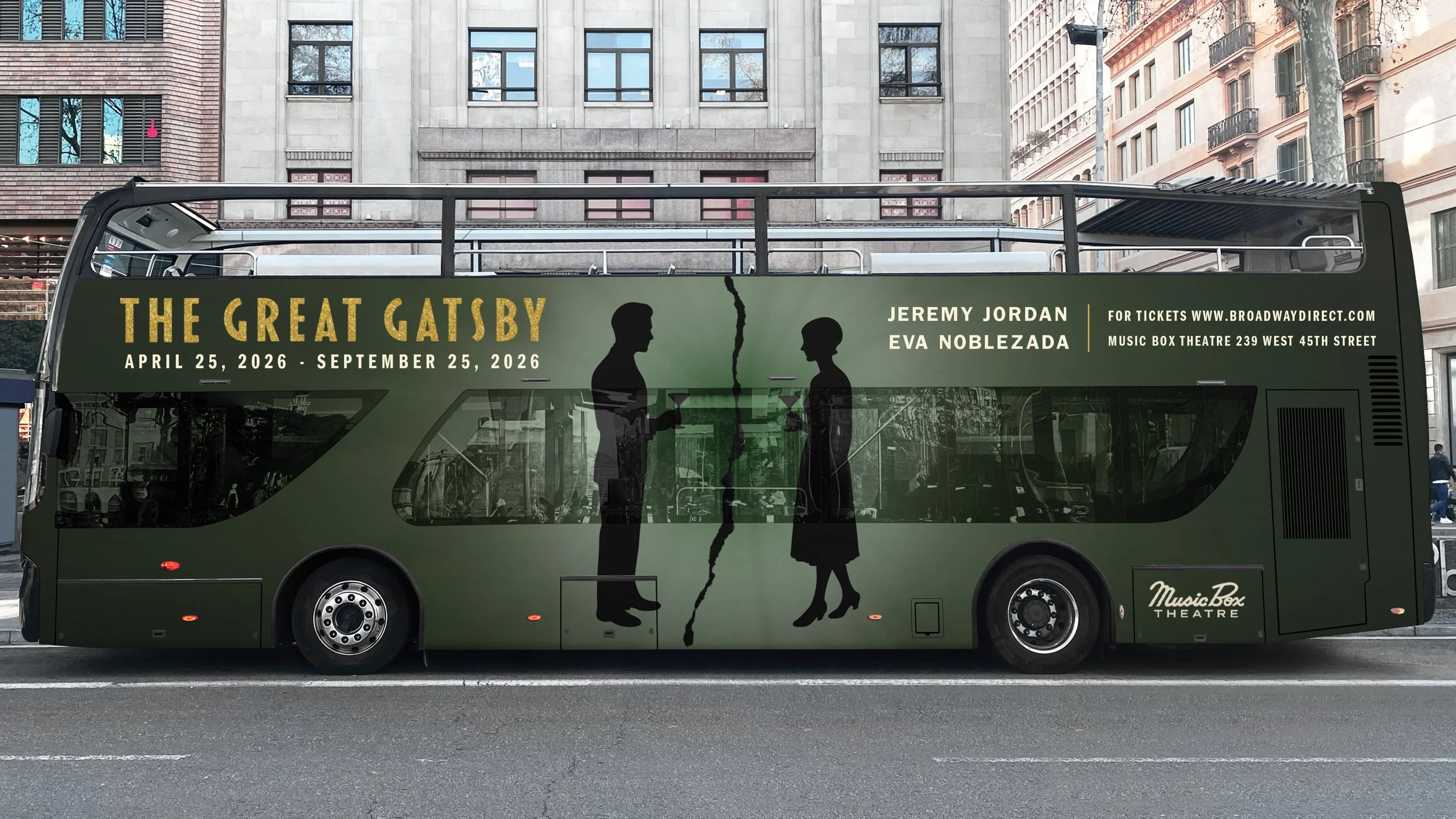 Double-decker bus with promotional art for the play 'The Great Gatsby' featuring silhouettes of a man and woman separated by a crack in the middle, set against a city street background.