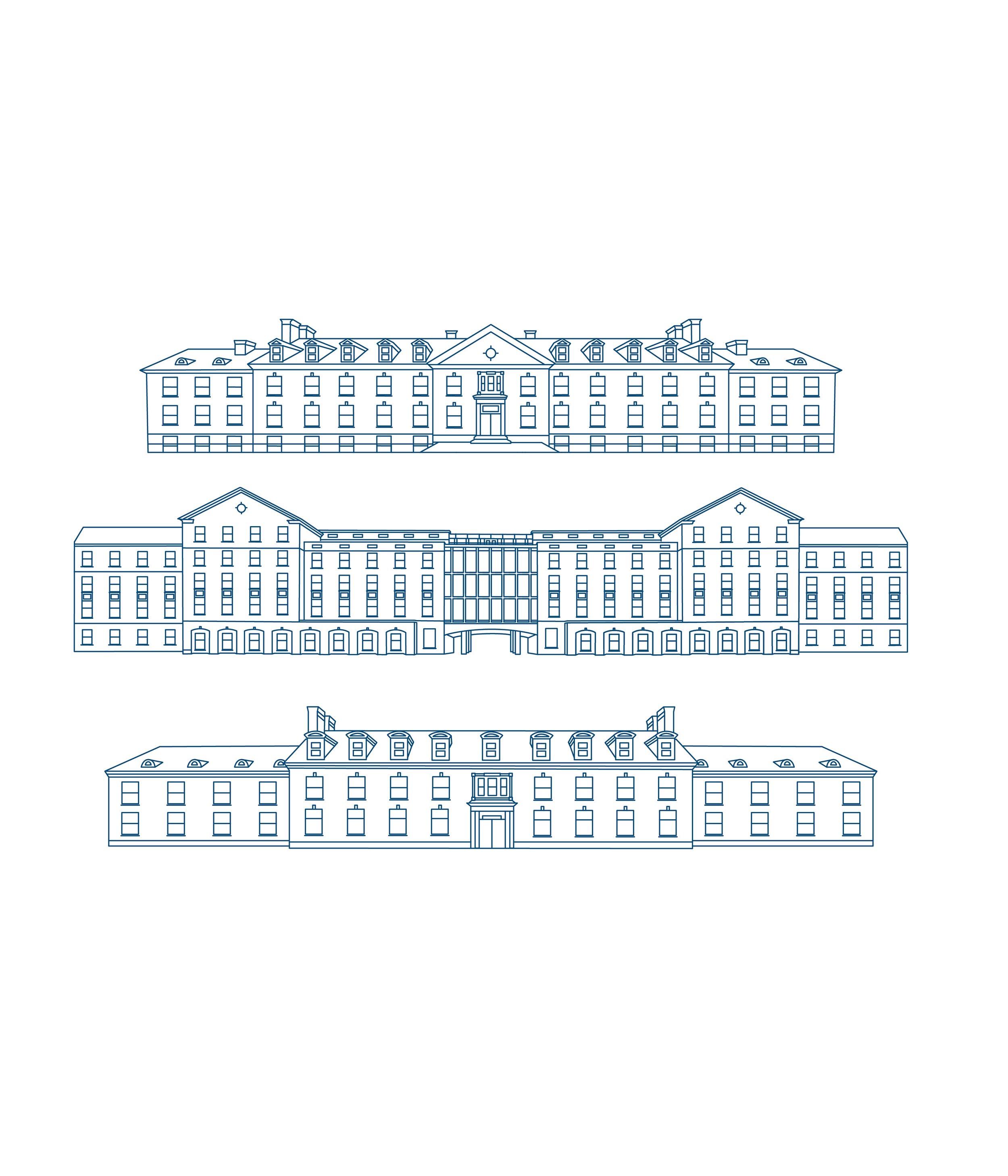 Blueprint outline of three identical multi-story hotel buildings, each with multiple windows, doors, and pitched roofs, arranged vertically.
