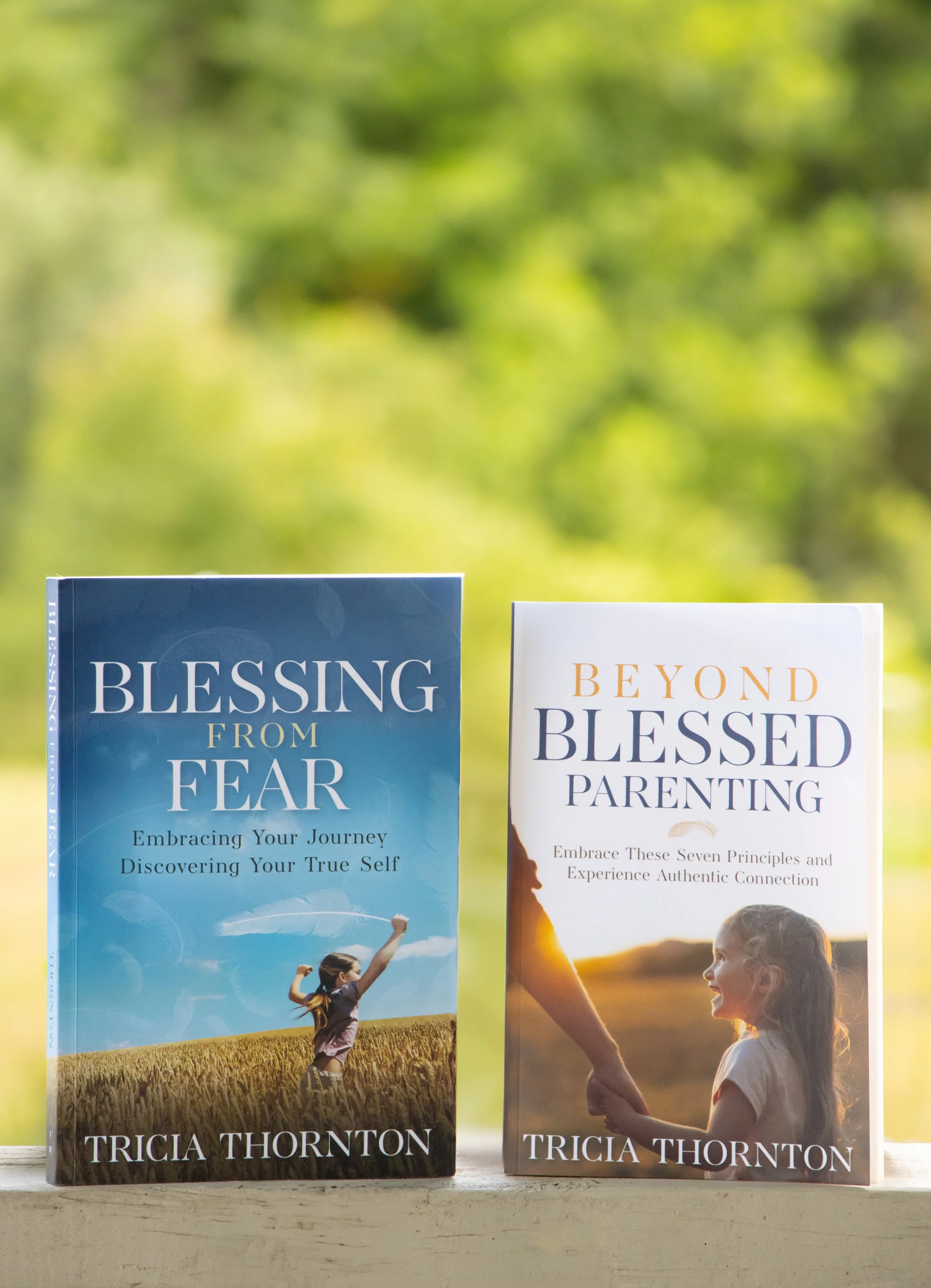 Two books standing upright on a wooden surface with a blurred green background. The left book is titled "Blessing from Fear" with a subtitle "Embracing Your Journey Discovering Your True Self" and features a girl in a field. The right book is titled 
