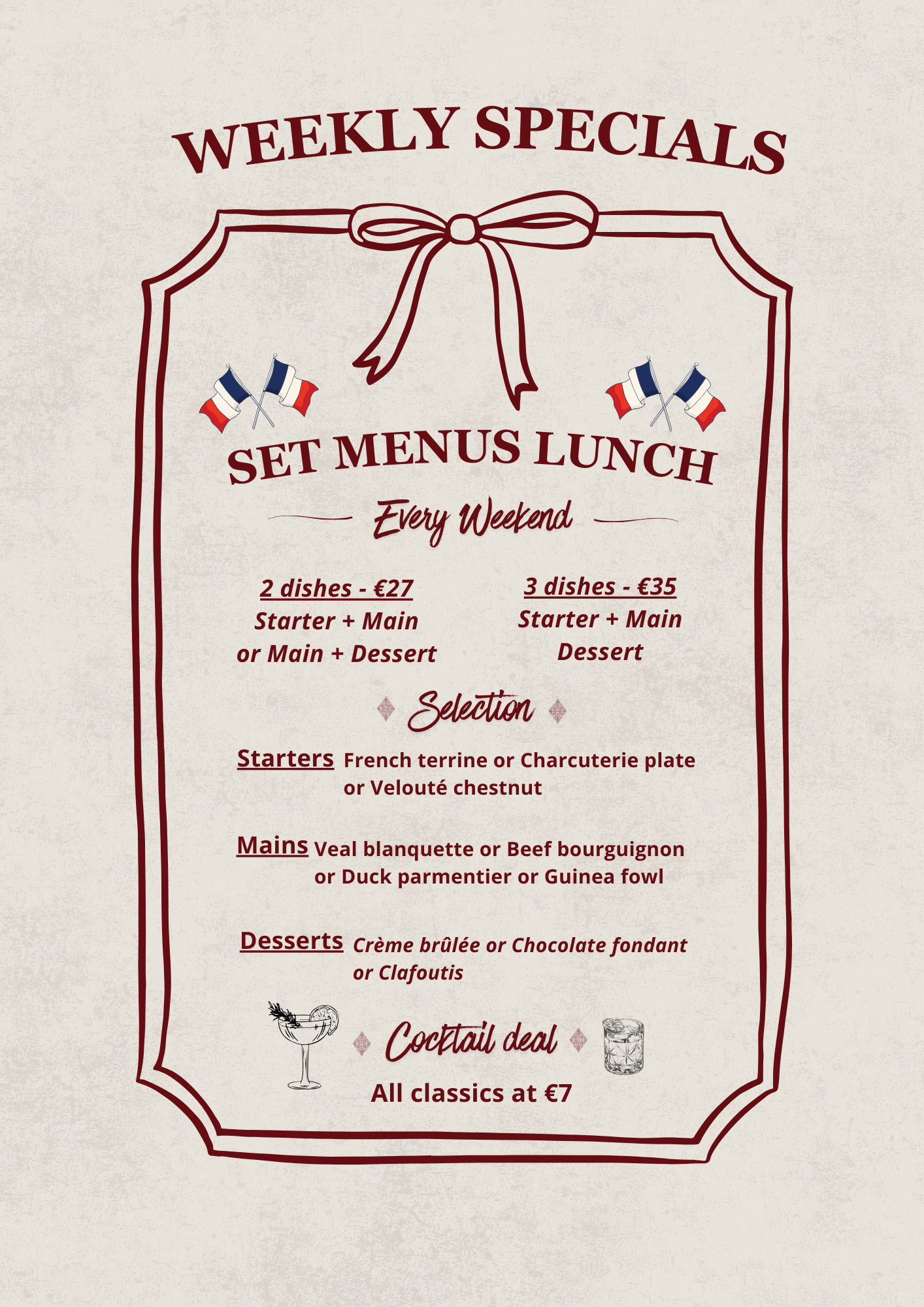 Menu poster for weekly lunch specials with French flags, featuring set menus with starter, main, and dessert options, and a cocktail deal.