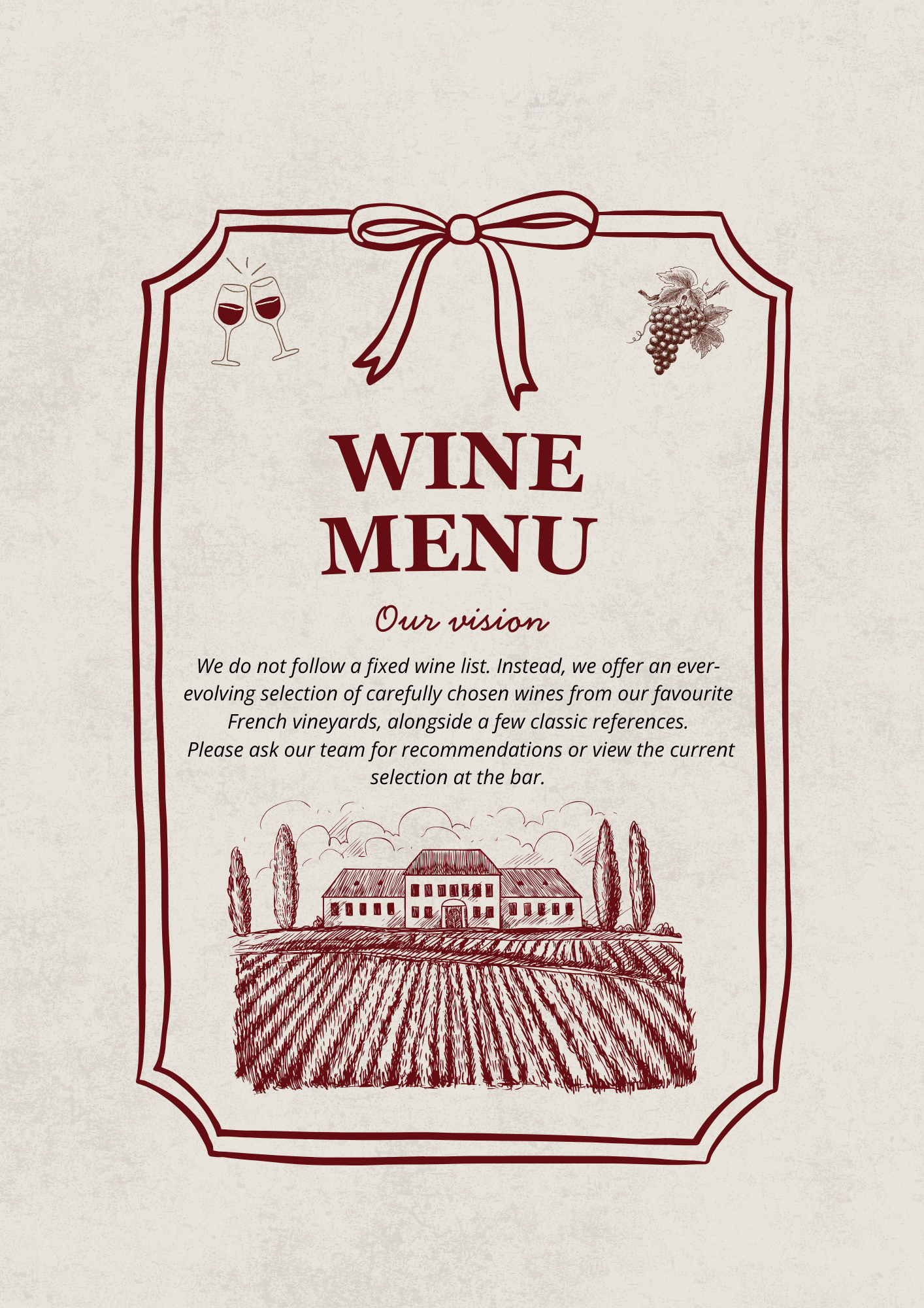 A wine menu with illustrations of two glasses of wine, a bunch of grapes, and a vineyard house surrounded by trees, all drawn in a simple, elegant style.