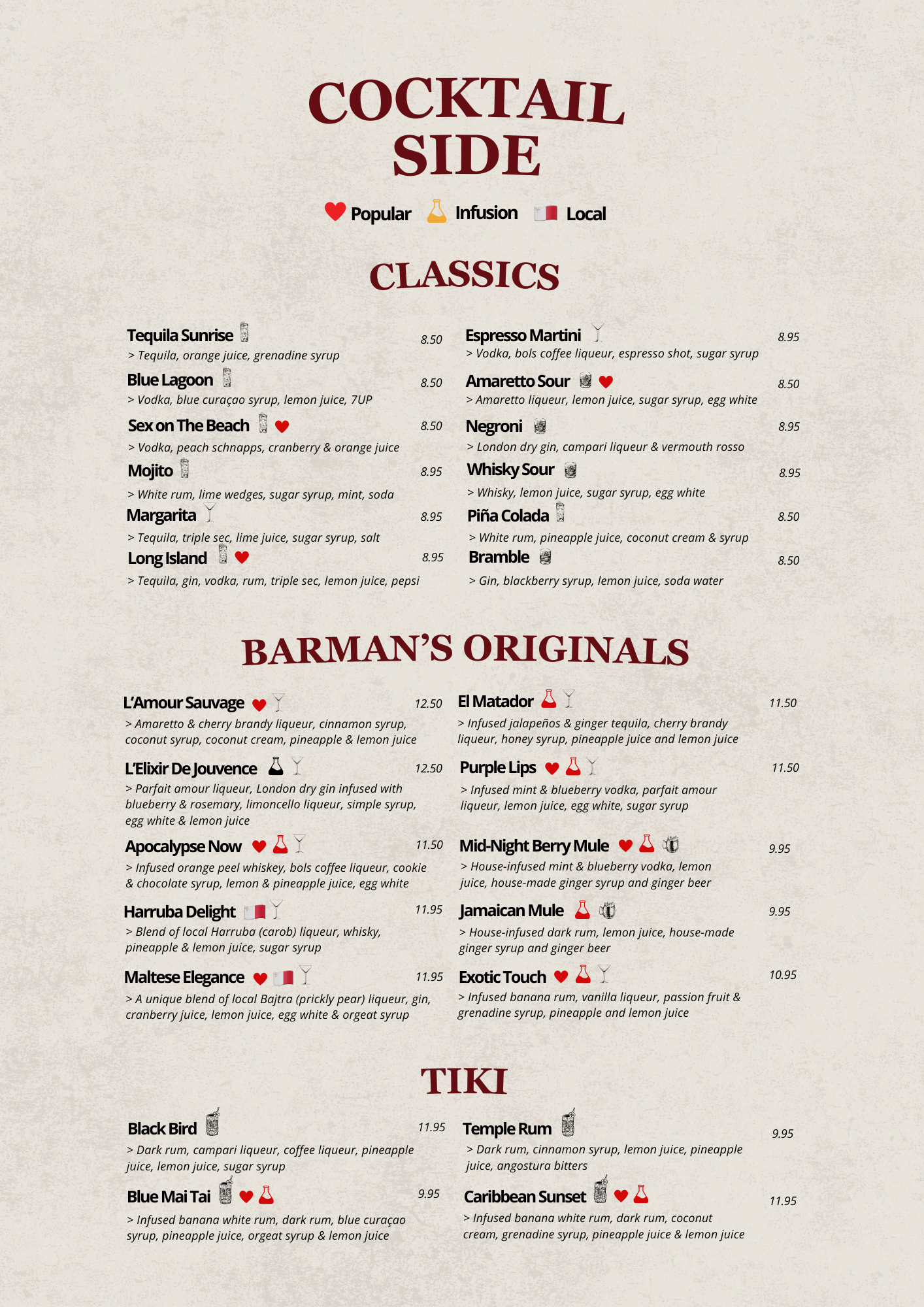 Cocktail menu featuring classic, original, and tiki drinks with ingredients and prices, categorized under cocktail side, classics, Barman's Originals, and Tiki sections.