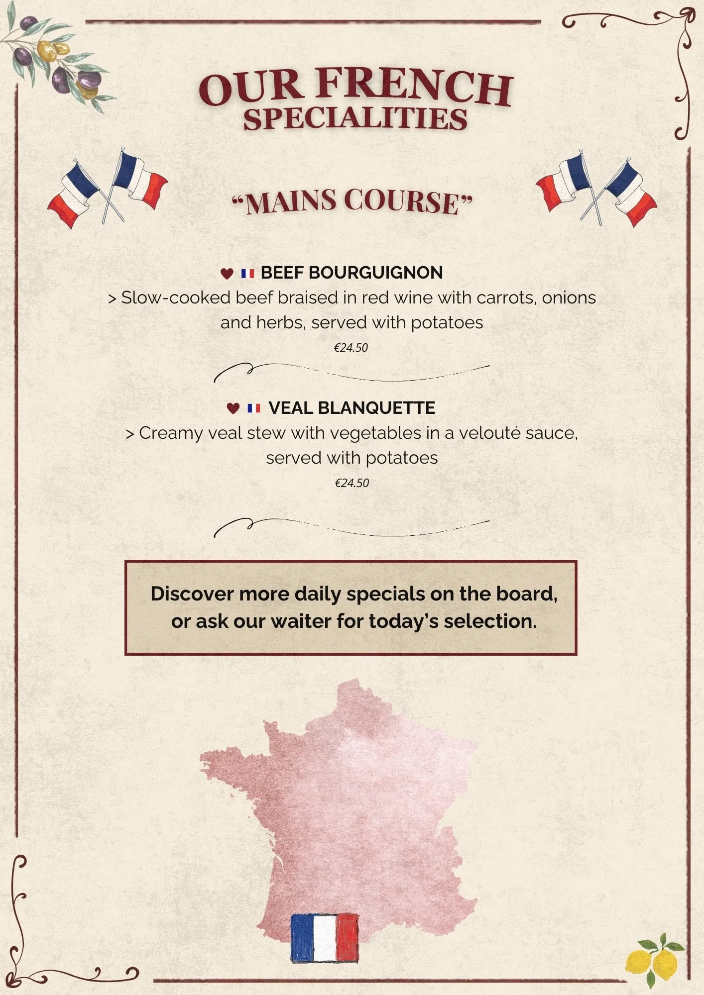 Menu featuring French specialties, including beef bourguignon and veal blanquette, with French flags and a map of France with a French flag at the bottom.