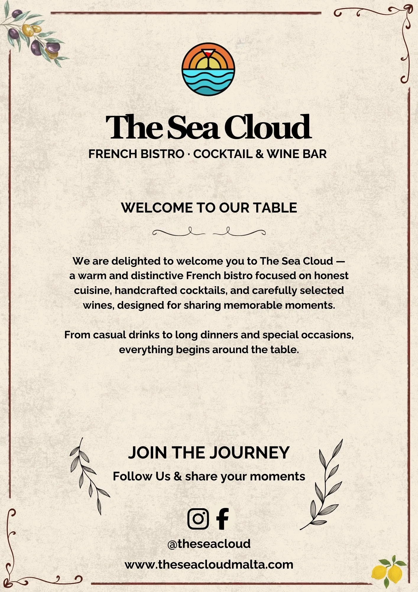 Menu page for The Sea Cloud French Bistro and cocktail & wine bar, featuring a logo of a circular image with a sunset, water, and a wine glass. The background has a beige, textured look with decorative border and floral accents, along with social med