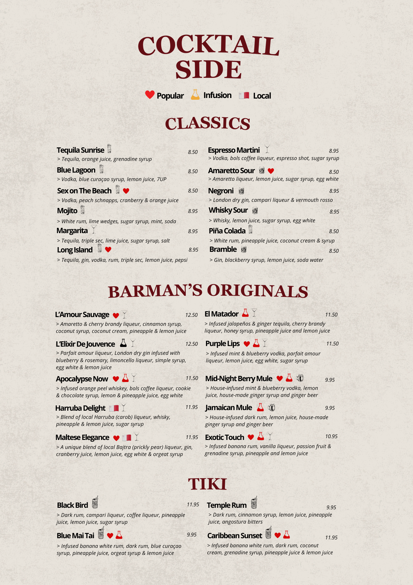 A cocktail menu titled 'Cocktail Side,' listing classic, original, and tiki drinks with descriptions and prices.