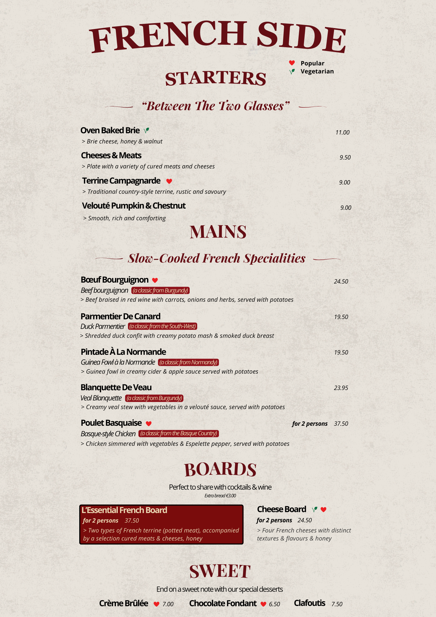 French restaurant menu with starters, main courses, boards, and desserts. Starters include baked Brie, cheeses & meats, terrine campagnarde, veloute pumpkin & chestnut. Main courses feature beef bourguignon, duck parmentier, guinea fowl, veal blanque