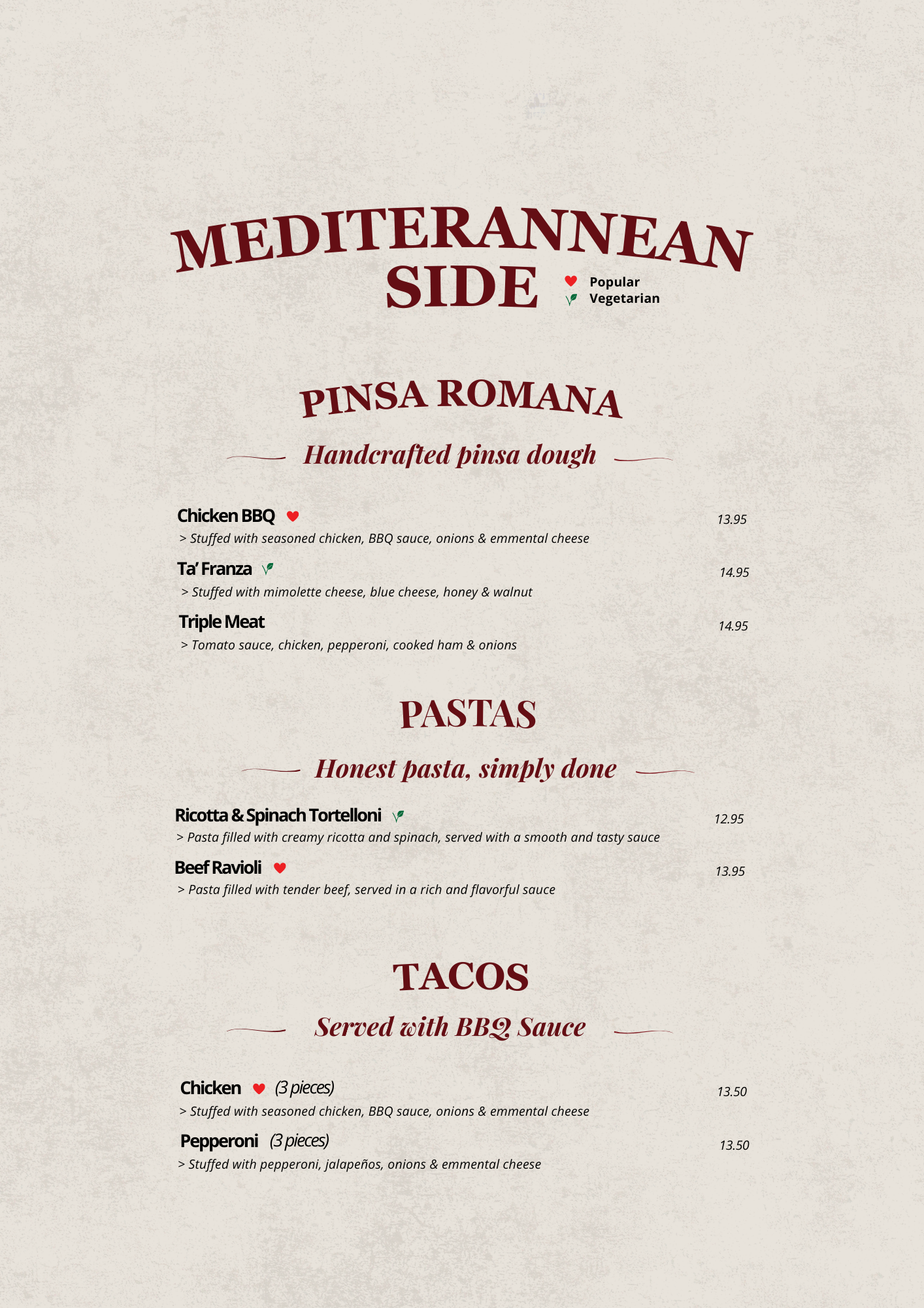 Menu featuring Mediterranean sides, pinsa romana, pastas, and tacos with options marked as popular or vegetarian.
