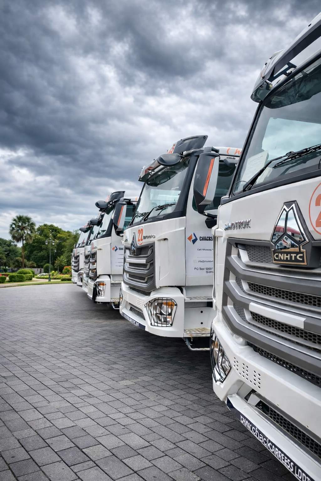 Four white trucks parked in a row on a paved surface, with a cloudy sky overhead and some greenery in the background.