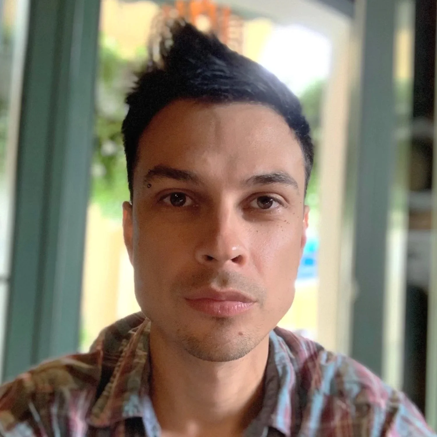 A young man with short black hair and a small facial piercing near his right eyebrow, wearing a plaid shirt, sitting indoors near windows with a blurred outdoor scene in the background.