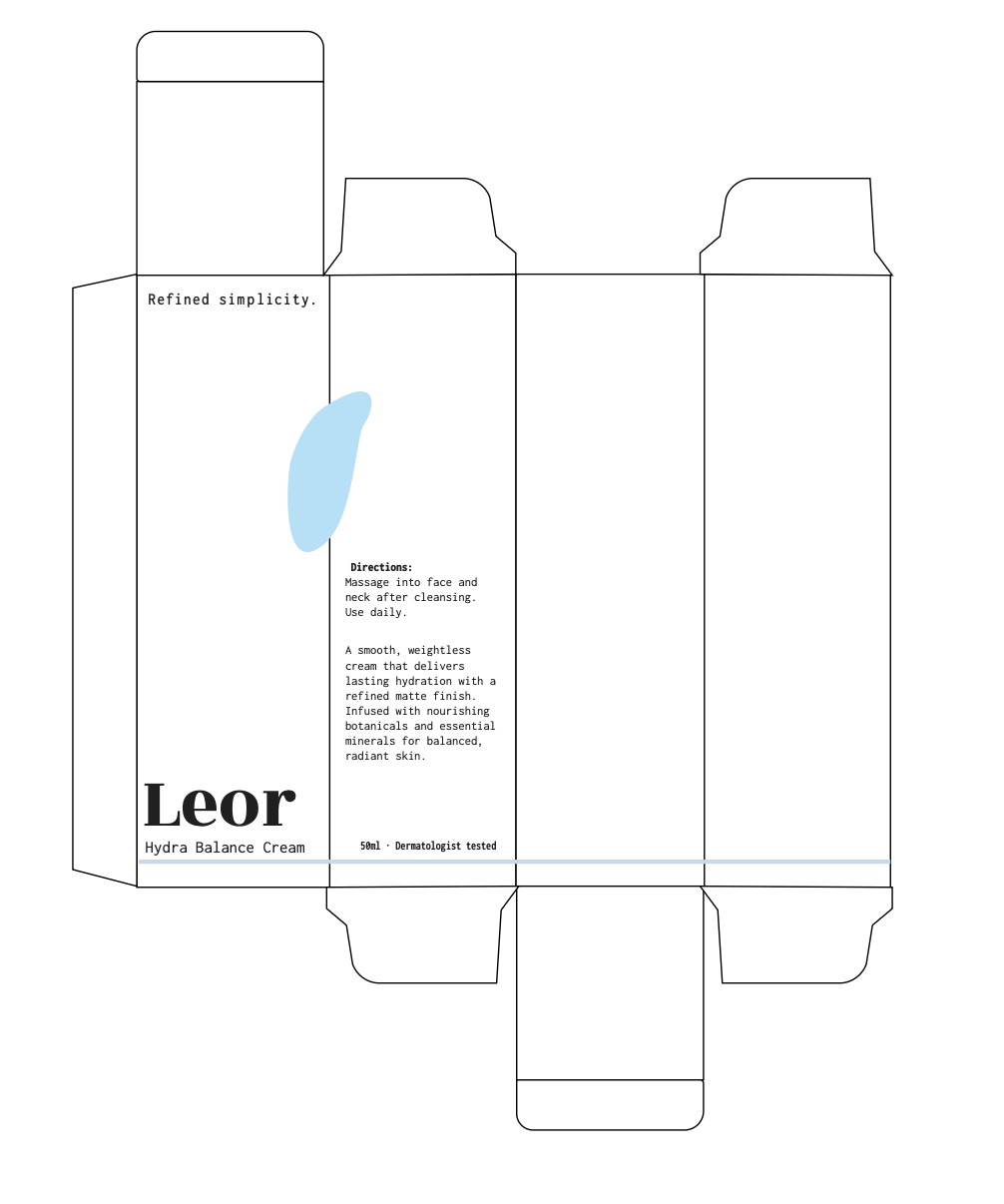 Flat, unfolded packaging box for Leor Hydra Balance Cream, featuring text instructions and branding, with a light blue accent.