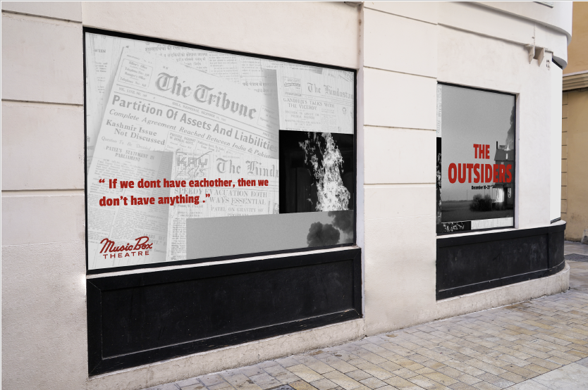 Street view showing theatre window displays with newspaper-like background and a quote, advertising a play called 'The Outsiders.'
