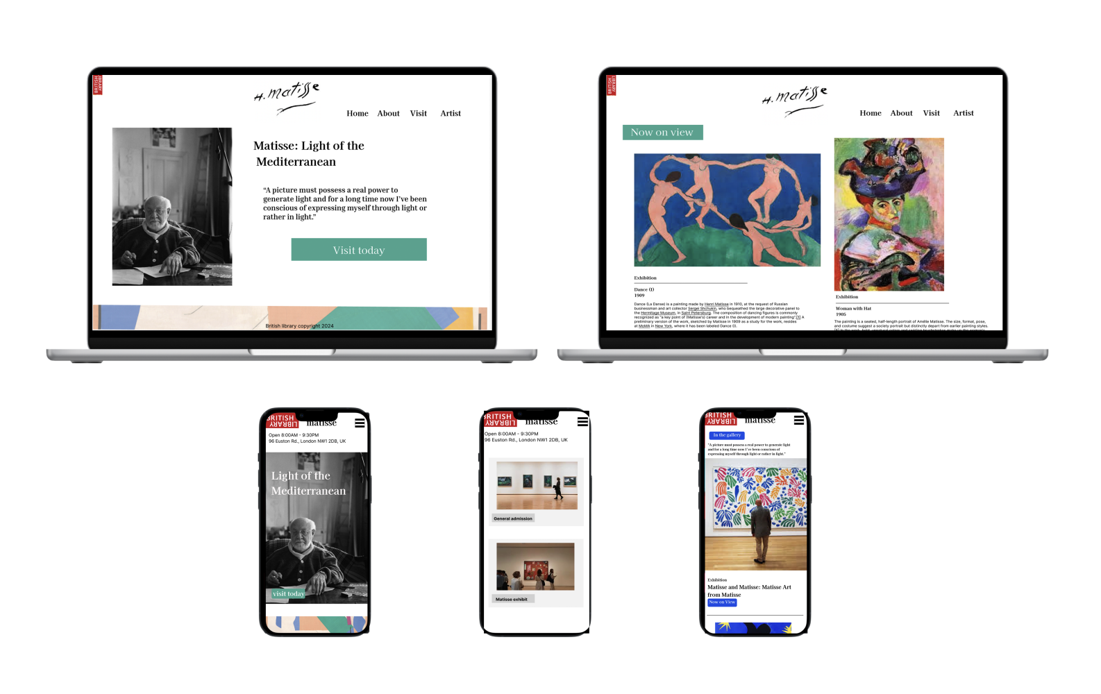 Screenshots of a website showcasing an exhibition of Matisse's art, including text, images of paintings, and navigation menus displayed on laptops and smartphones.