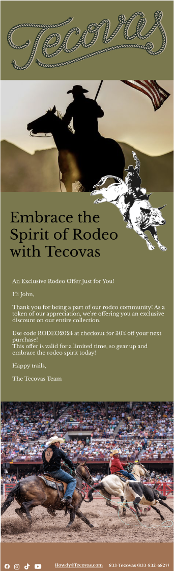 A promotional image for Tecovas featuring a silhouette of a cowboy on horseback holding an American flag, with two photos—one of a cowboy riding a bucking horse at sunset and another of a rodeo scene with cowboys riding bucking bulls in front of a packed audience. Contains text encouraging embracing the rodeo spirit and a discount offer.