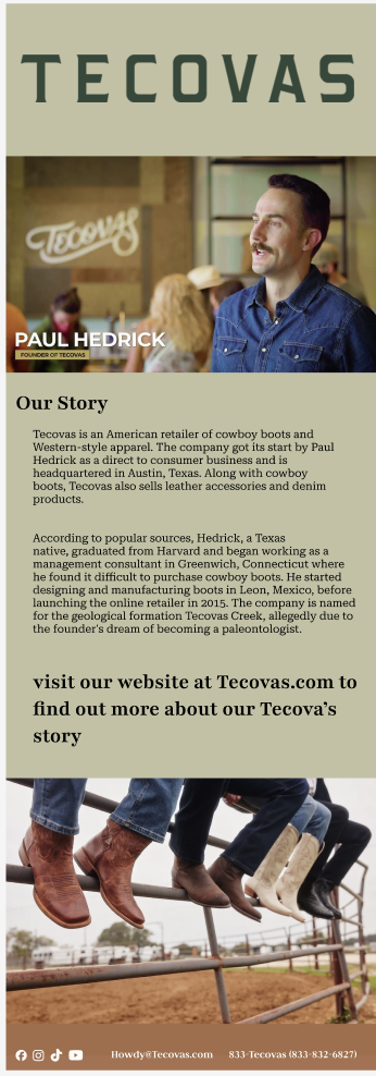 Poster for Tecovas, featuring a man in a denim shirt, with cowboy boots at the bottom and a background of people inside a store or cafe. Text describes Tecovas as an American retailer of cowboy boots and Western-style apparel.