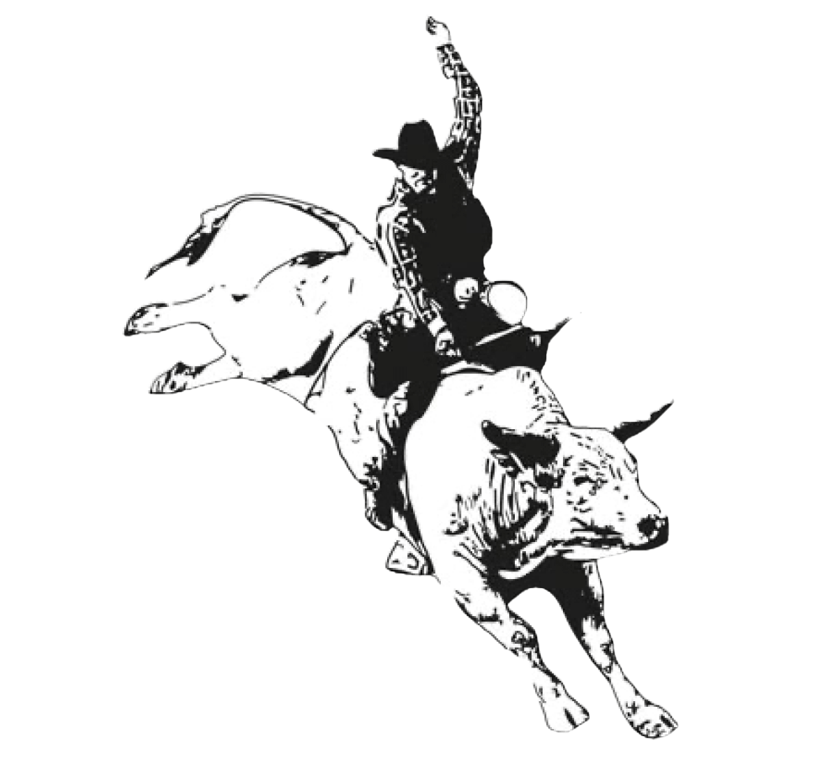 A black and white drawing of a cowboy riding a galloping dog.