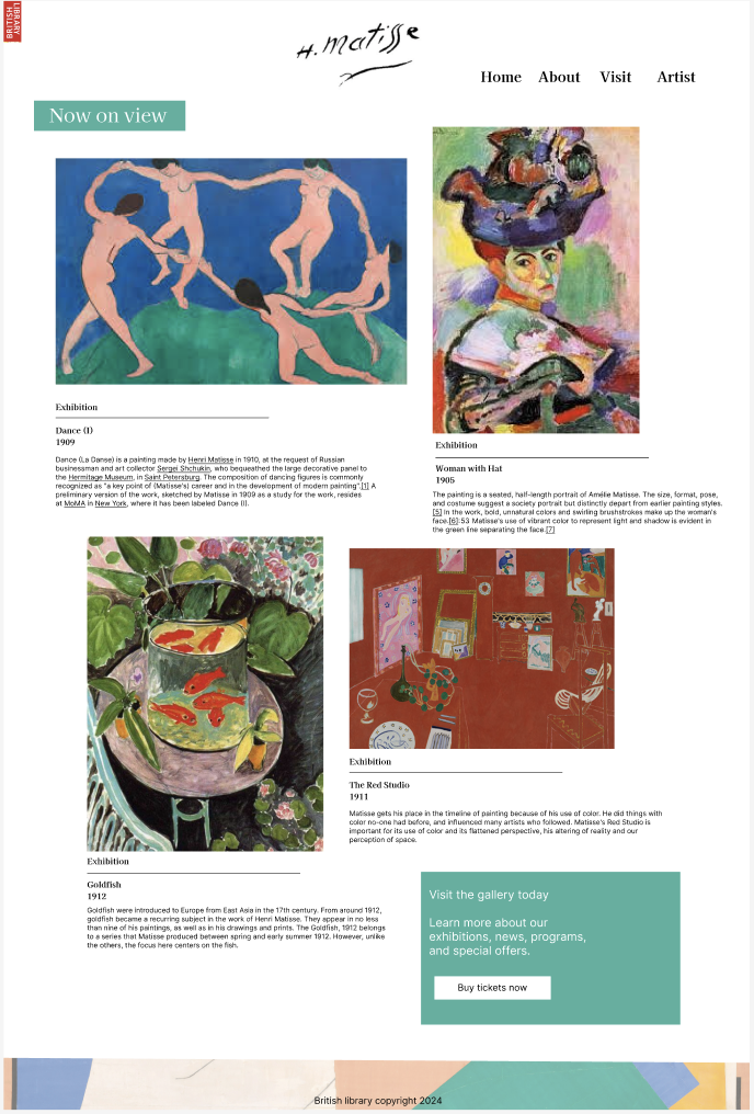 Gallery webpage featuring four paintings by H. Matisse, with navigation links for Home, About, Visit, Artist, and a call to action for tickets. The paintings include Dance (I) from 1909, Woman with Hat from 1905, Goldfish from 1912, and The Red Studio from 1911. A sidebar mentions visiting the gallery and buying tickets.