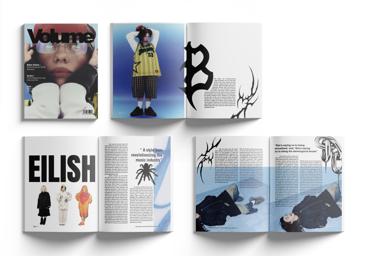 A magazine spread featuring an artist named Eilish, with images of three women, stylized text, and artistic illustrations of abstract shapes and a spider.