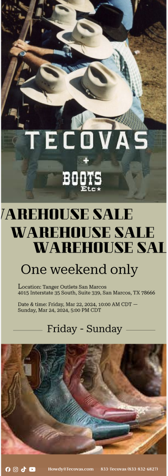 An advertisement for a warehouse sale at Tecovas, featuring a group of people wearing wide-brimmed hats and cowboy boots, with sale details and location.