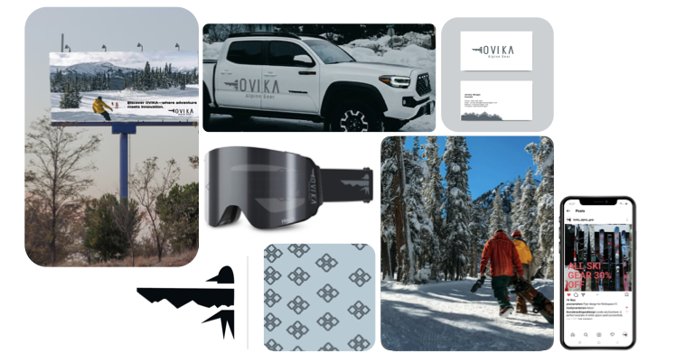 Collection of winter sports and outdoor gear images, including a snowboarder on snow, a white pickup truck with Ovika branding, ski goggles, a snowy forest scene, a ski lift billboard, and two people walking in snow with snowboards.