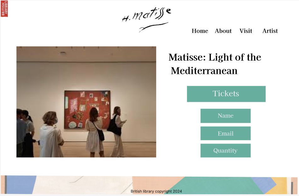 An online art exhibition page titled "Matisse: Light of the Mediterranean" showing a photograph of visitors in a museum gallery viewing a colorful artwork on the wall. The page has navigation links including Home, About, Visit, Artist, and a ticket purchase form with fields for Name, Email, and Quantity.