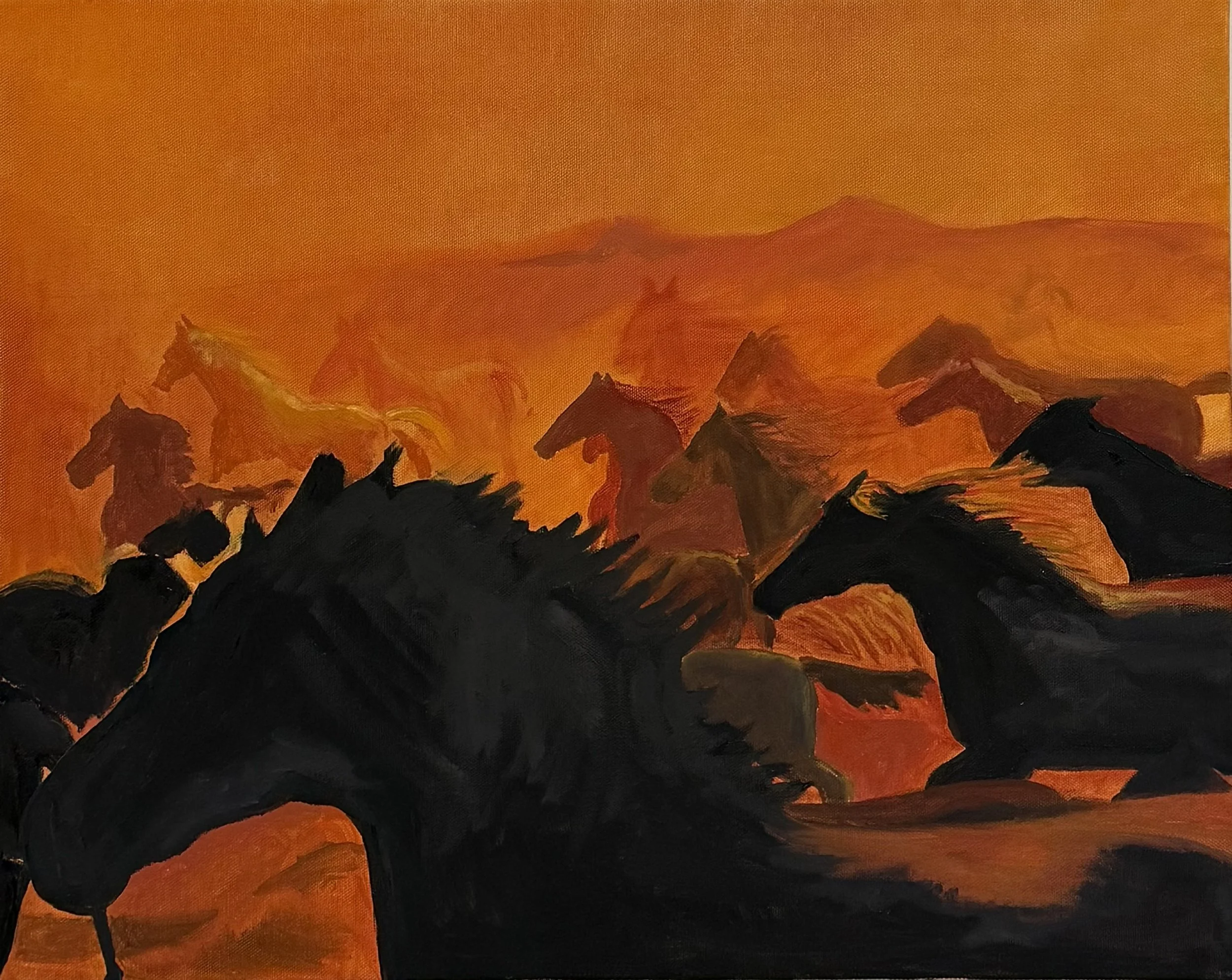 Painting of black horses running against an orange sunset sky.