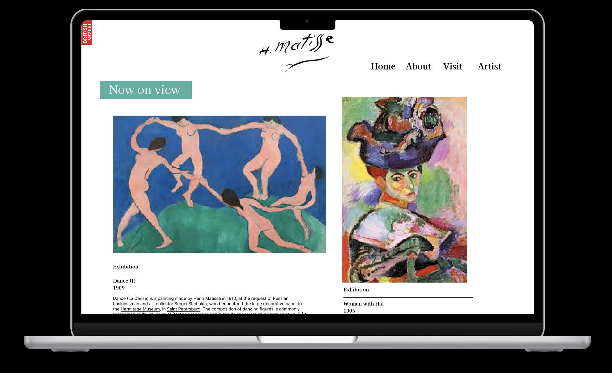 Art gallery website displaying paintings by Henri Matisse, including 'Dance' from 1909 and 'Woman with Hat' from 1905, with navigation options for Home, About, Visit, and Artist.