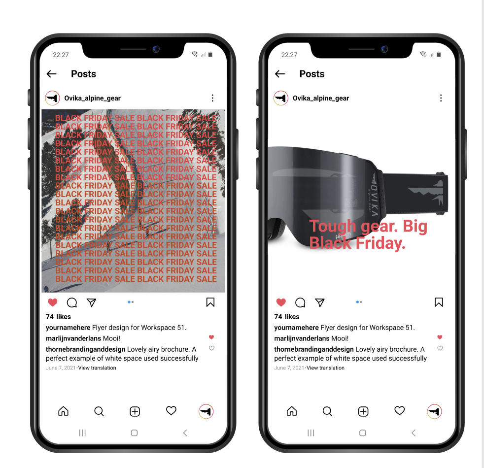 Side-by-side screenshots of Instagram posts promoting Black Friday sales for Ovika Alpine Gear. The first post features a large flyer with repeating red text 'Black Friday Sale' over a snowy mountain background; the second post shows a black ski or snowboard goggle with text 'Tough gear. Big Black Friday.'