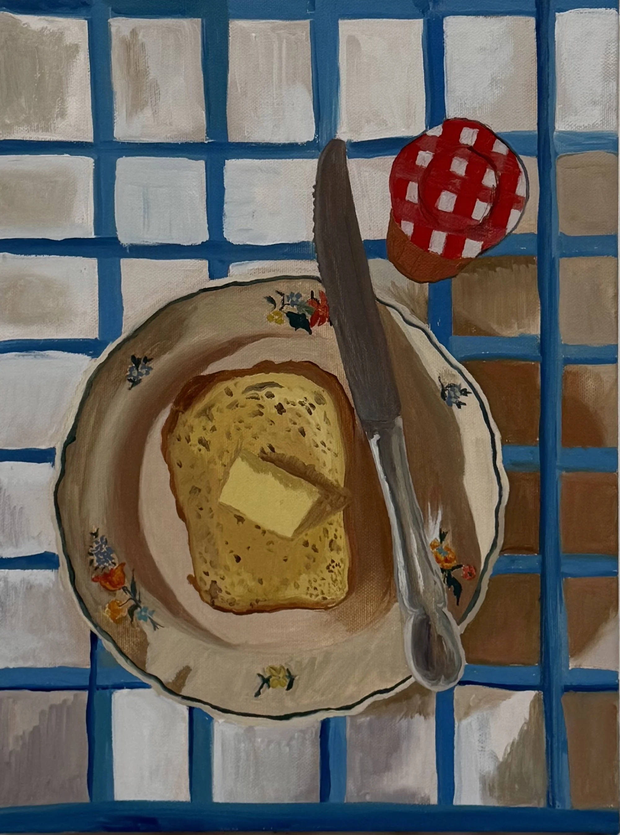 A painting of a breakfast scene with a plate holding a slice of bread with a pat of butter, a butter knife, and a red-and-white checkered cupcake on a blue and white tiled surface.