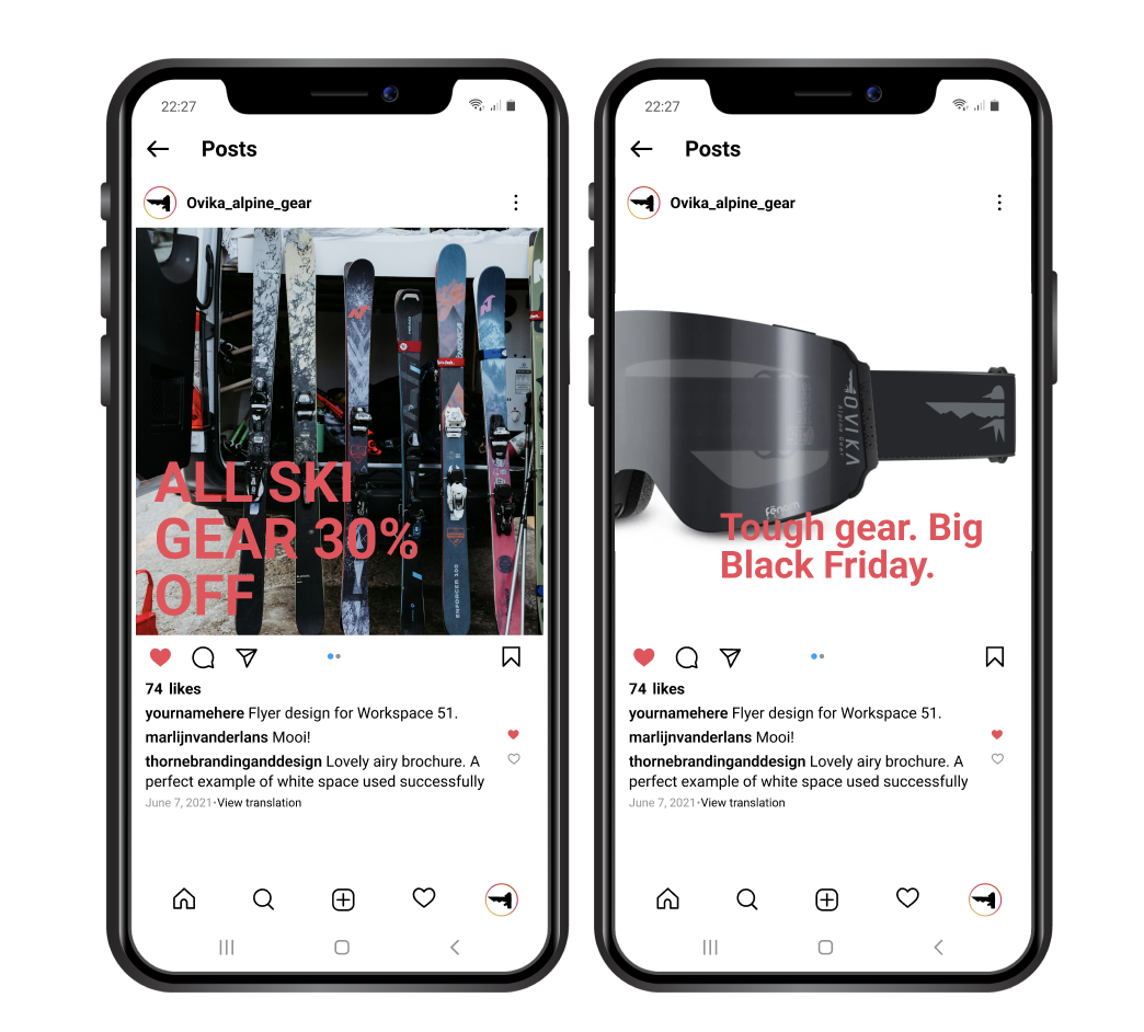 Two smartphone screens displaying ski gear advertisements. The first shows a row of skis with red text reading 'ALL SKI GEAR 30% OFF'. The second features a large black ski goggle with red text stating 'Tough gear. Big Black Friday.'.