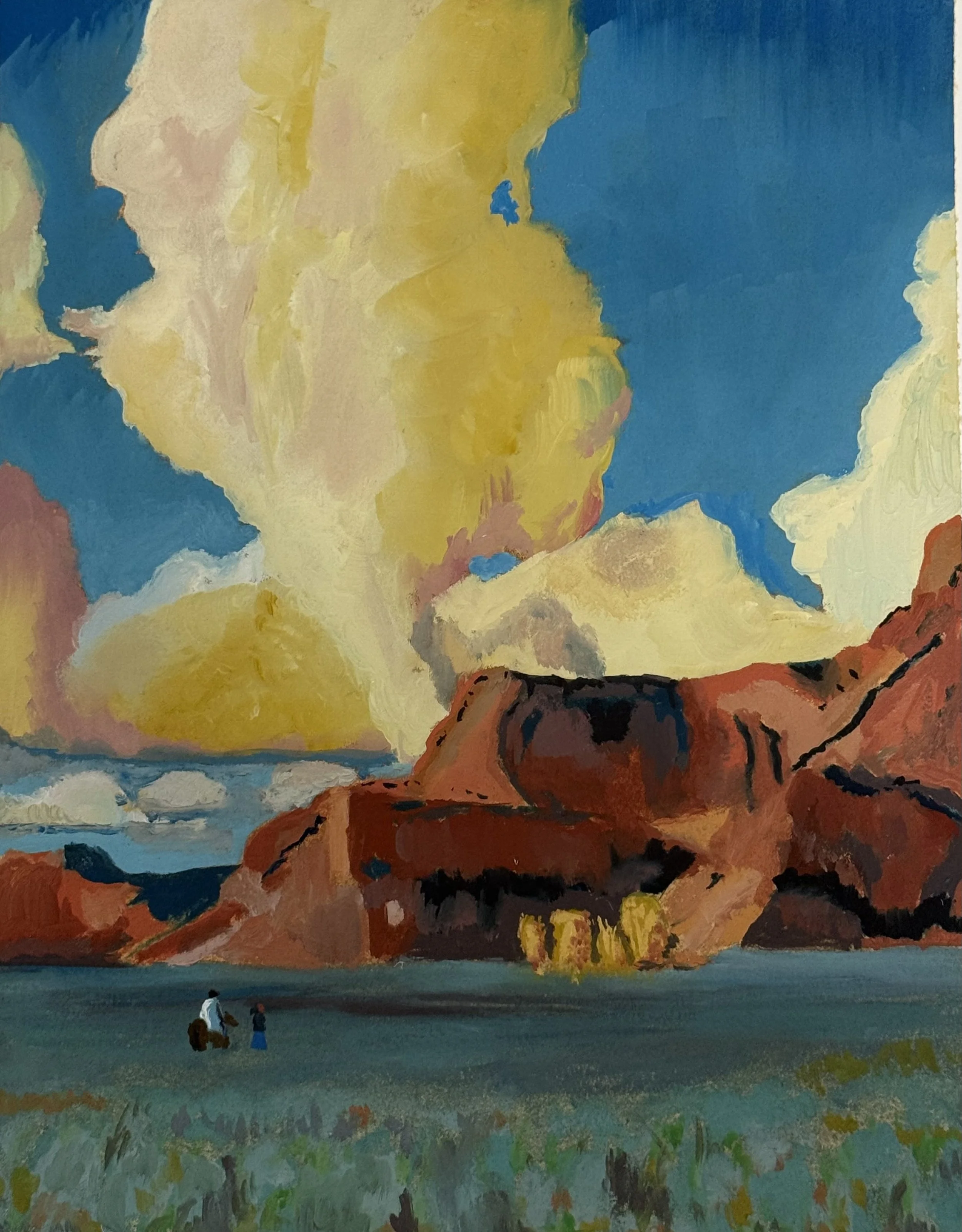 Landscape painting of red cliffs and a blue sky with large yellow and white clouds, two small figures walking on a grassy plain in the foreground.