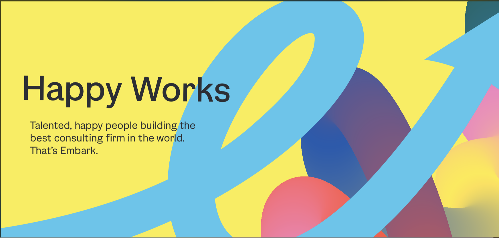 Colorful graphic with large blue number '2024' and the text 'Happy Works' on a yellow background, including a brief message about a consulting firm.