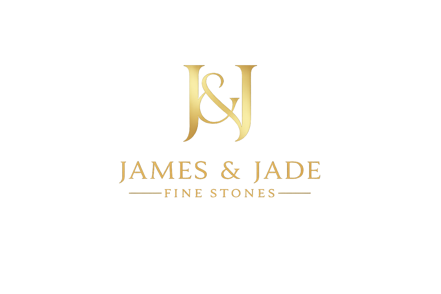 Golden sign with the text 'James & Jade Fine Stones' and a decorative 'J&J' emblem above it, set against a dark, illuminated background.