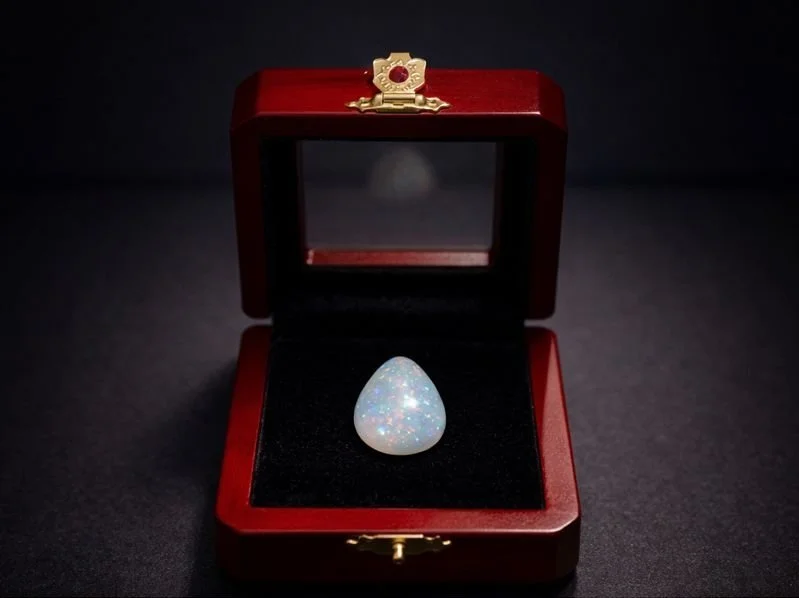 Opal gemstone in a red jewelry box with a black interior, gold clasp, and mirror.