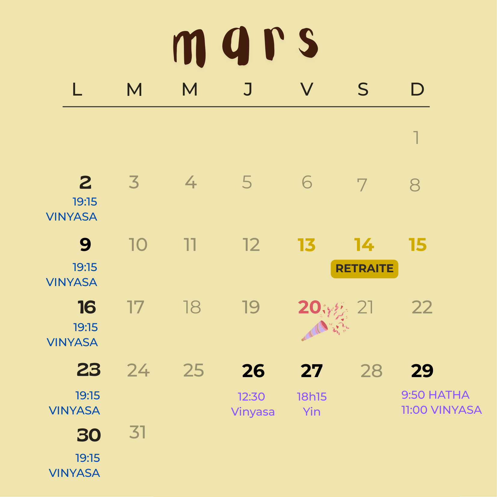 planning des cours de mars