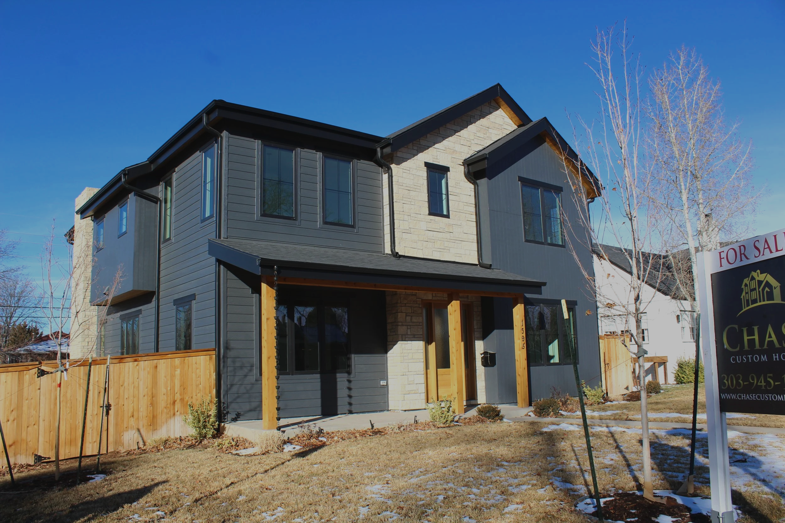 New two-story house with black siding, stone accents, and a small front porch in a residential neighborhood during winter.