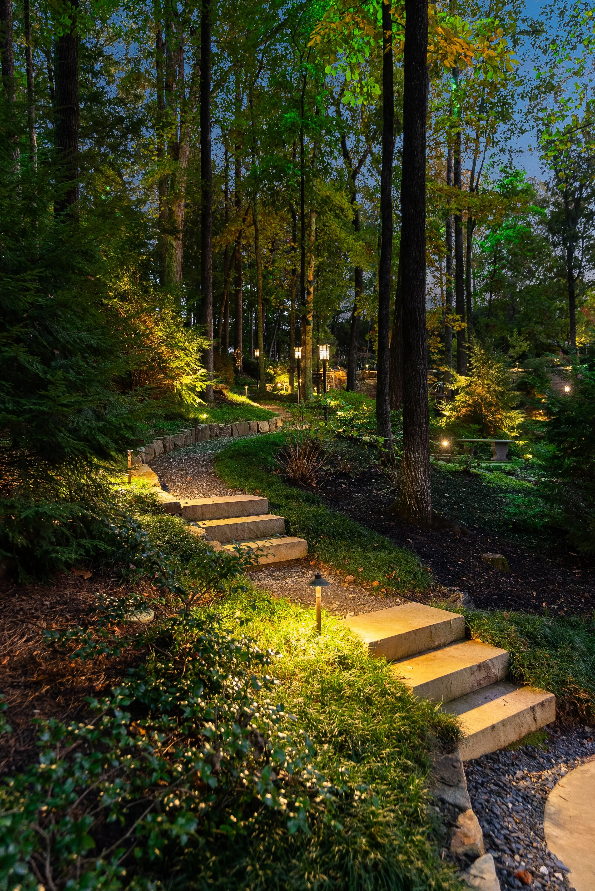 A winding stone pathway illuminated by pathway lights through a lush, green wooded garden at dusk.
