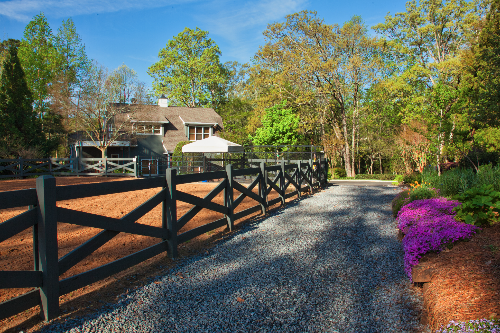 A gravel path bordered by purple and yellow flowers on the right, with a wooden fence on the left, leading towards a house with a shingled roof, surrounded by green trees under a blue sky.