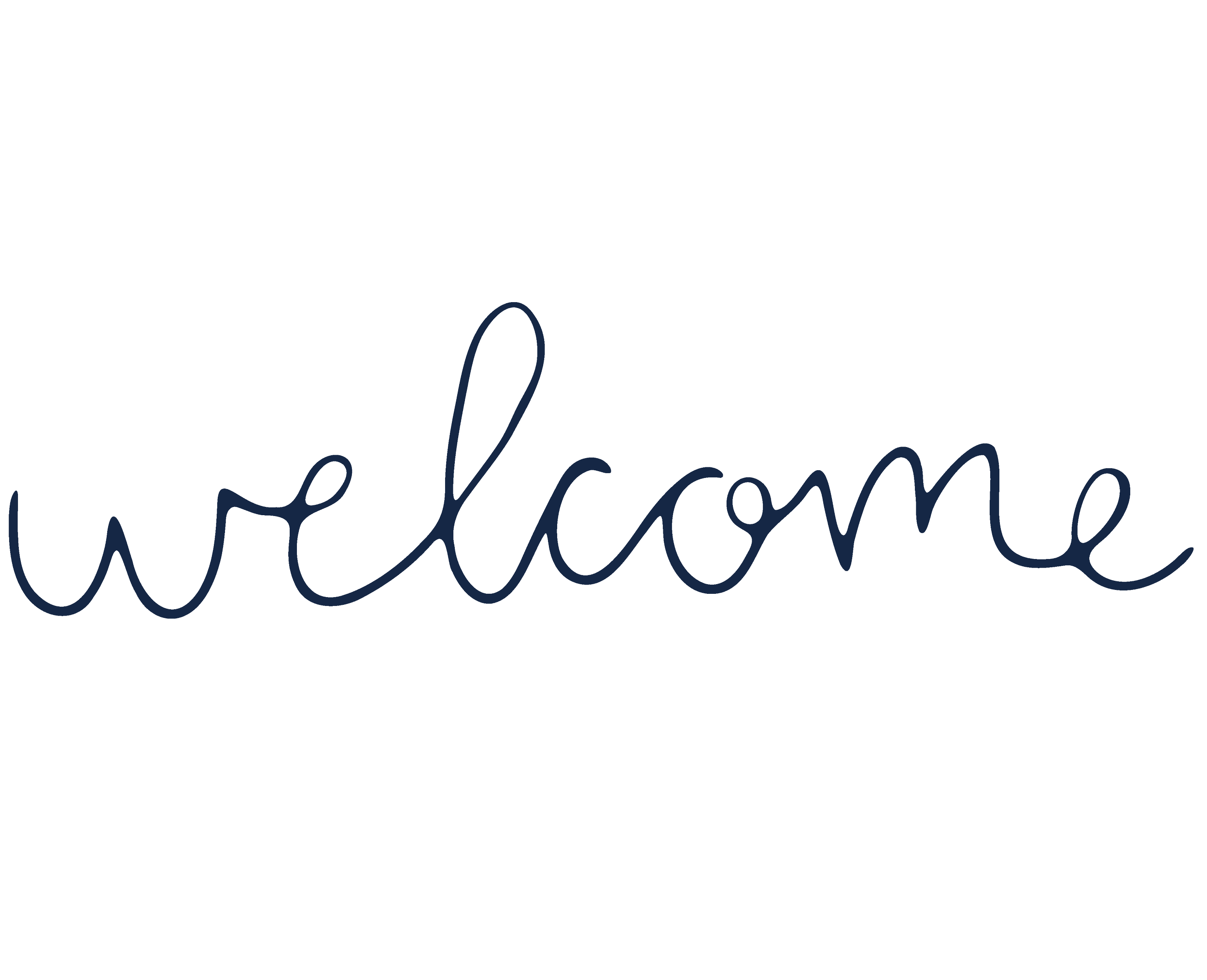 Dark blue cursive word 'welcome' written like a neon sign.