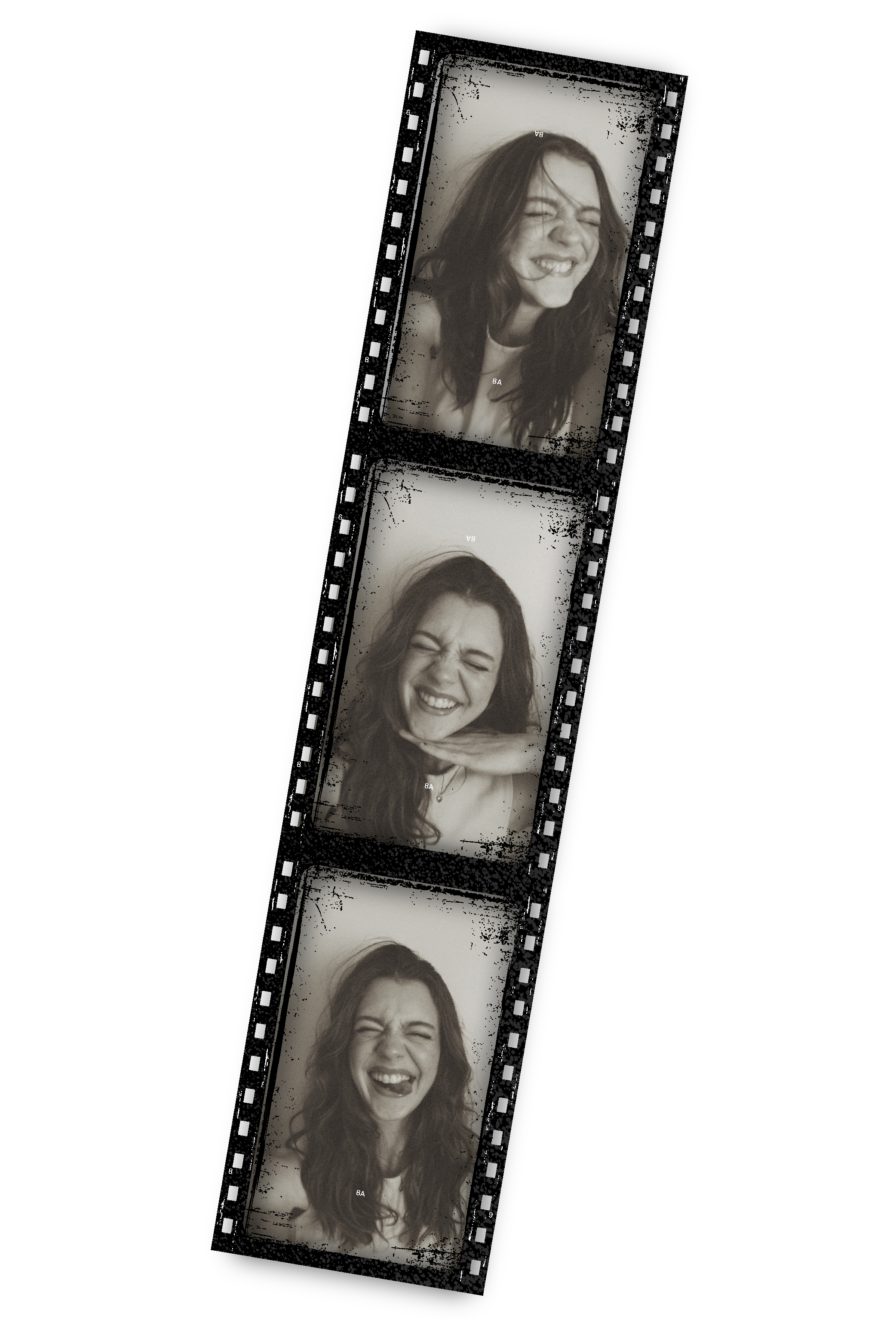 A black and white photo strip with three images of a woman making different facial expressions, smiling and laughing, against a black background.