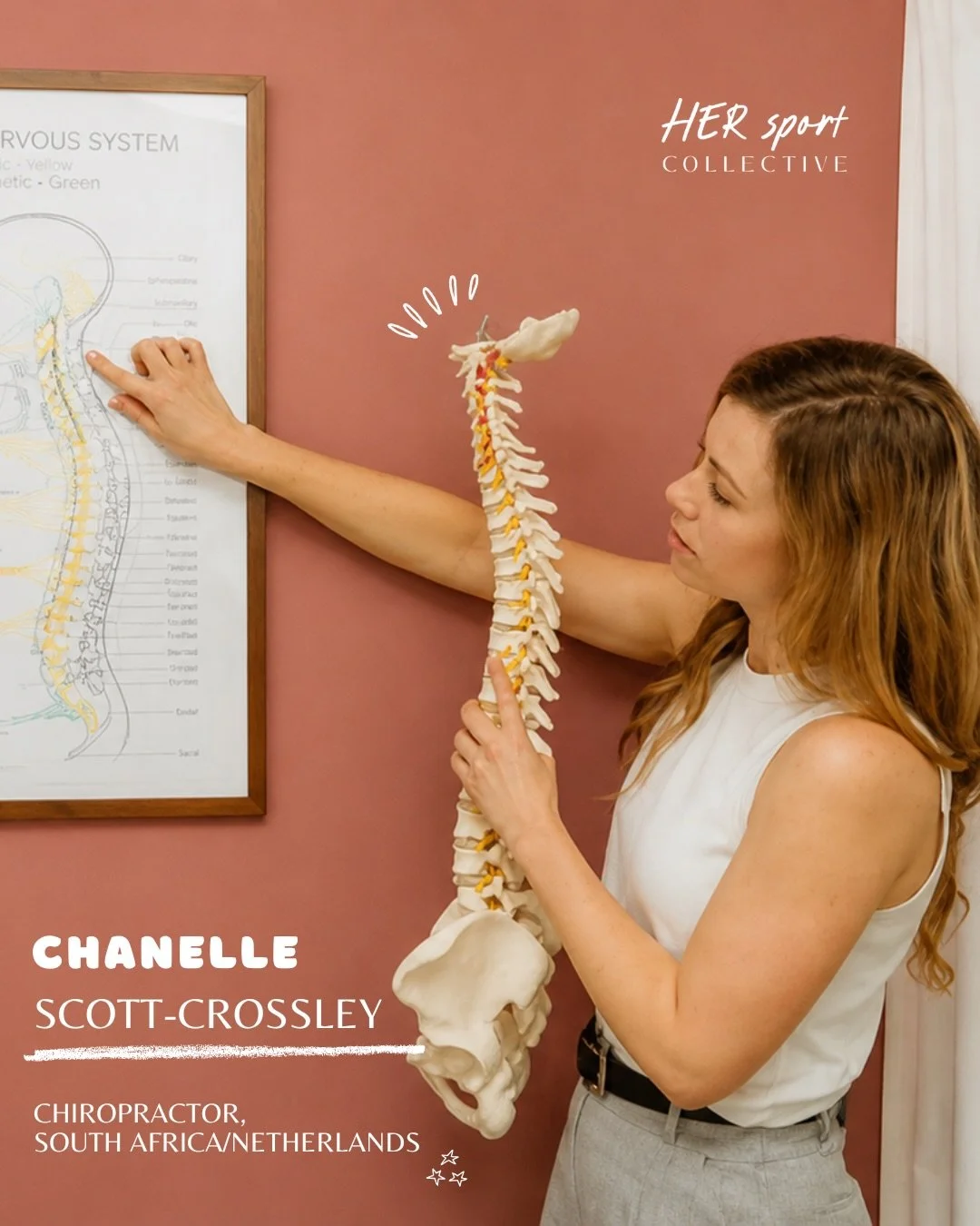 Meet the Collective 🩷

Chanelle Scott-Crossley is a sports chiropractor based in Amsterdam, fully accredited through the International Federation of Sports Chiropractic with her International Certificate in Sports Chiropractic. 
Her career has taken