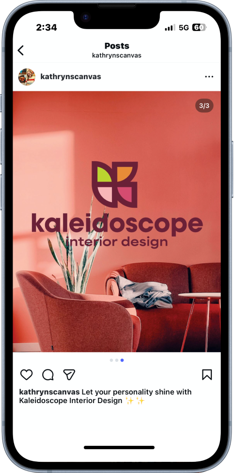 Instagram mockup on an iPhone with the purple full logo for "Kaleidoscope Interior Design" on a photo of an orange-pink room.