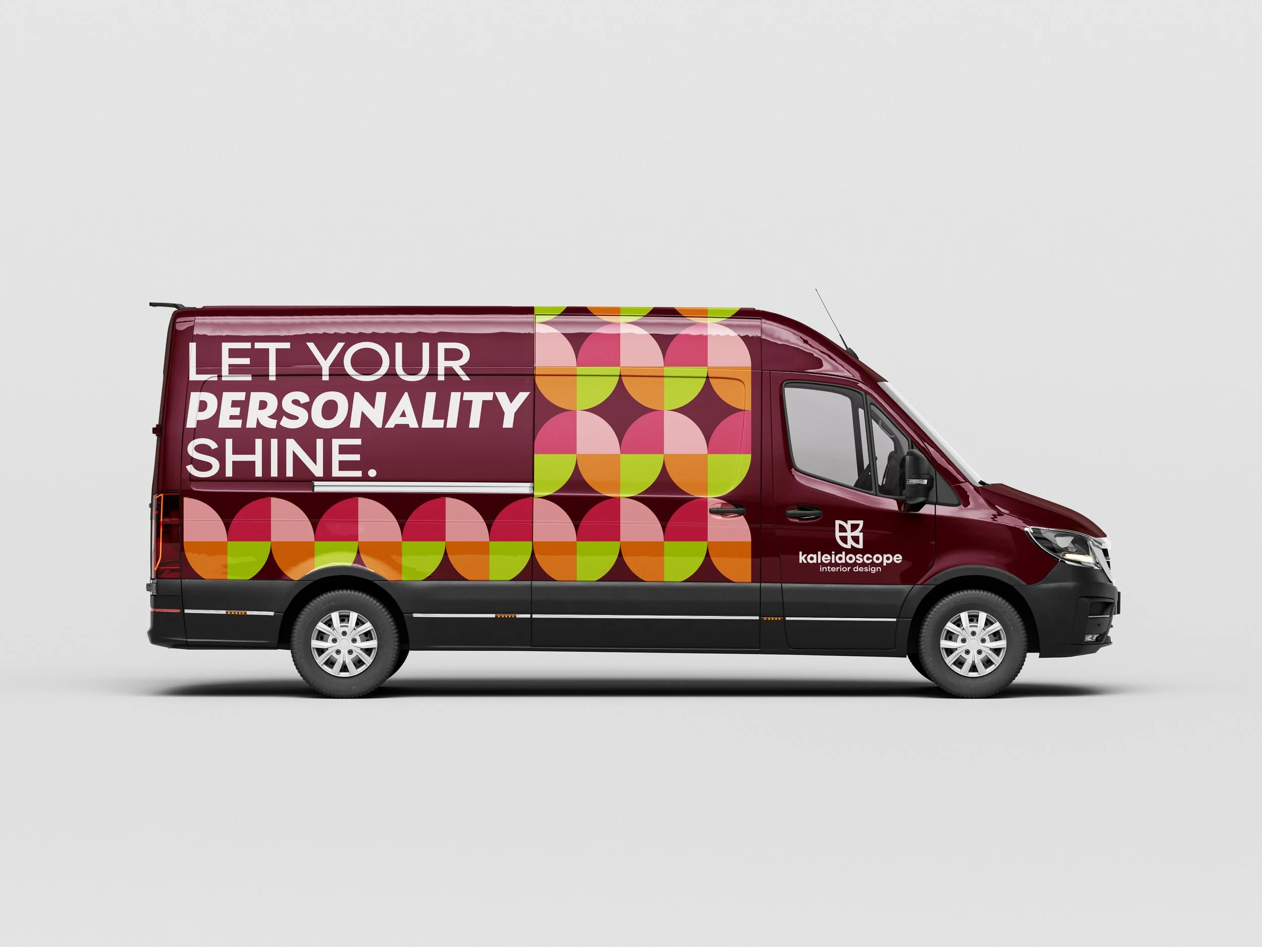 Dark purple business van with words "Let your personality shine" and quarter-circle pattern.