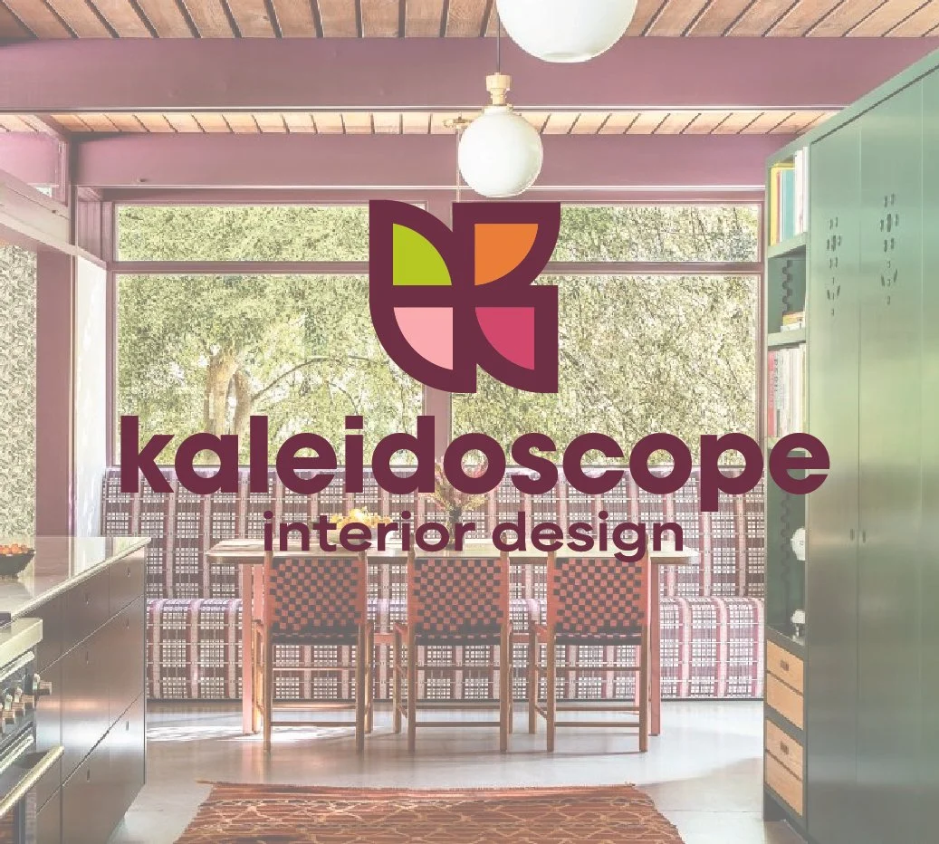 Purple "Kaleidoscope Interior Design" full logo mark on a photo of a kitchen and dining room table.