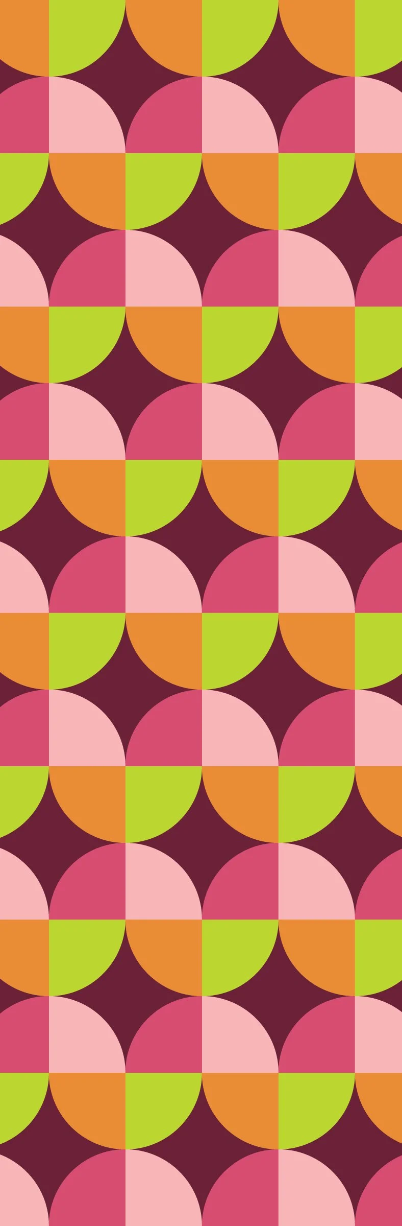 Purple, light pink, orange, lime green, and magenta pattern of quarter-circles.