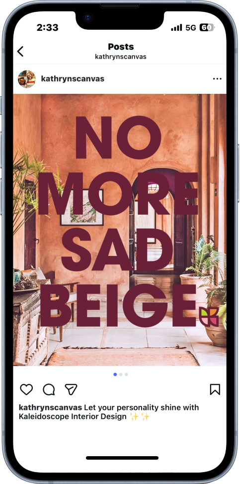 Instagram mockup on an iPhone with the text "No more sad beige" over a photo of a orange room.