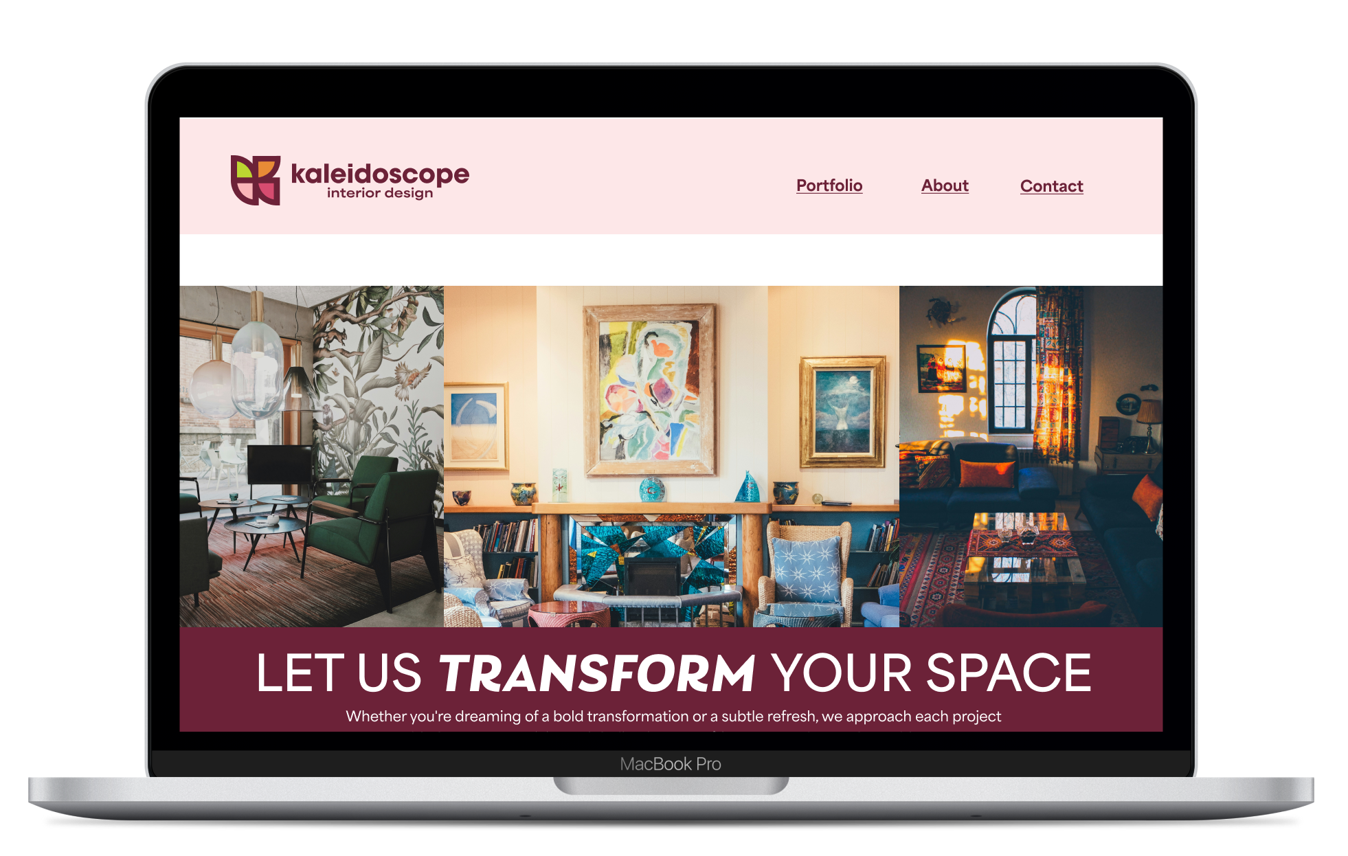 Mockup of a silver MacBook with a light pink and dark purple website for "Kaleidoscope Interior Design" and the header "Let us transform your space"