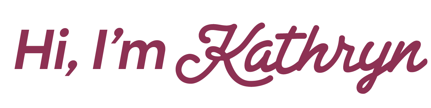 Text saying "Hi, I'm Kathryn" in purple script font