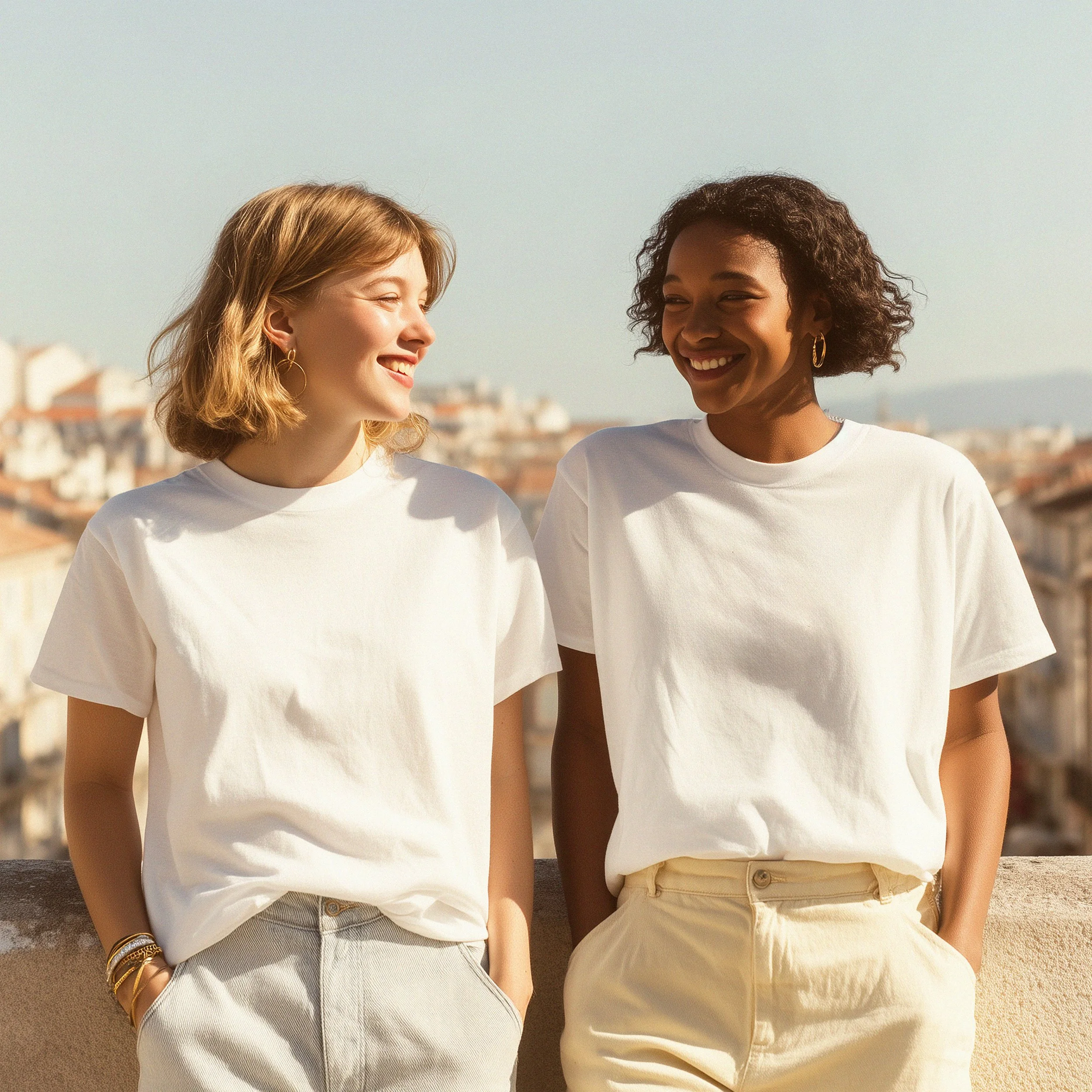 Two models wearing light-colored Mental Health Made Wearable T-shirts, walking outdoors together, showing relaxed fit and everyday wearability.

